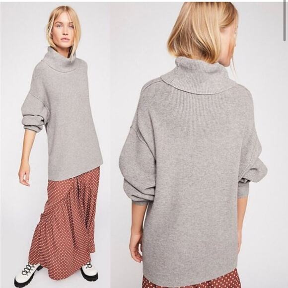 Free People heathered gray ribbed knit turtleneck sweater size Large - Picture 1 of 16
